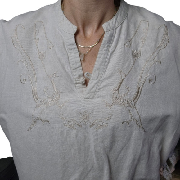 Linen blend Box shirt with embroidery Short sleeves cream color Size L UTCOCO - Picture 3 of 12